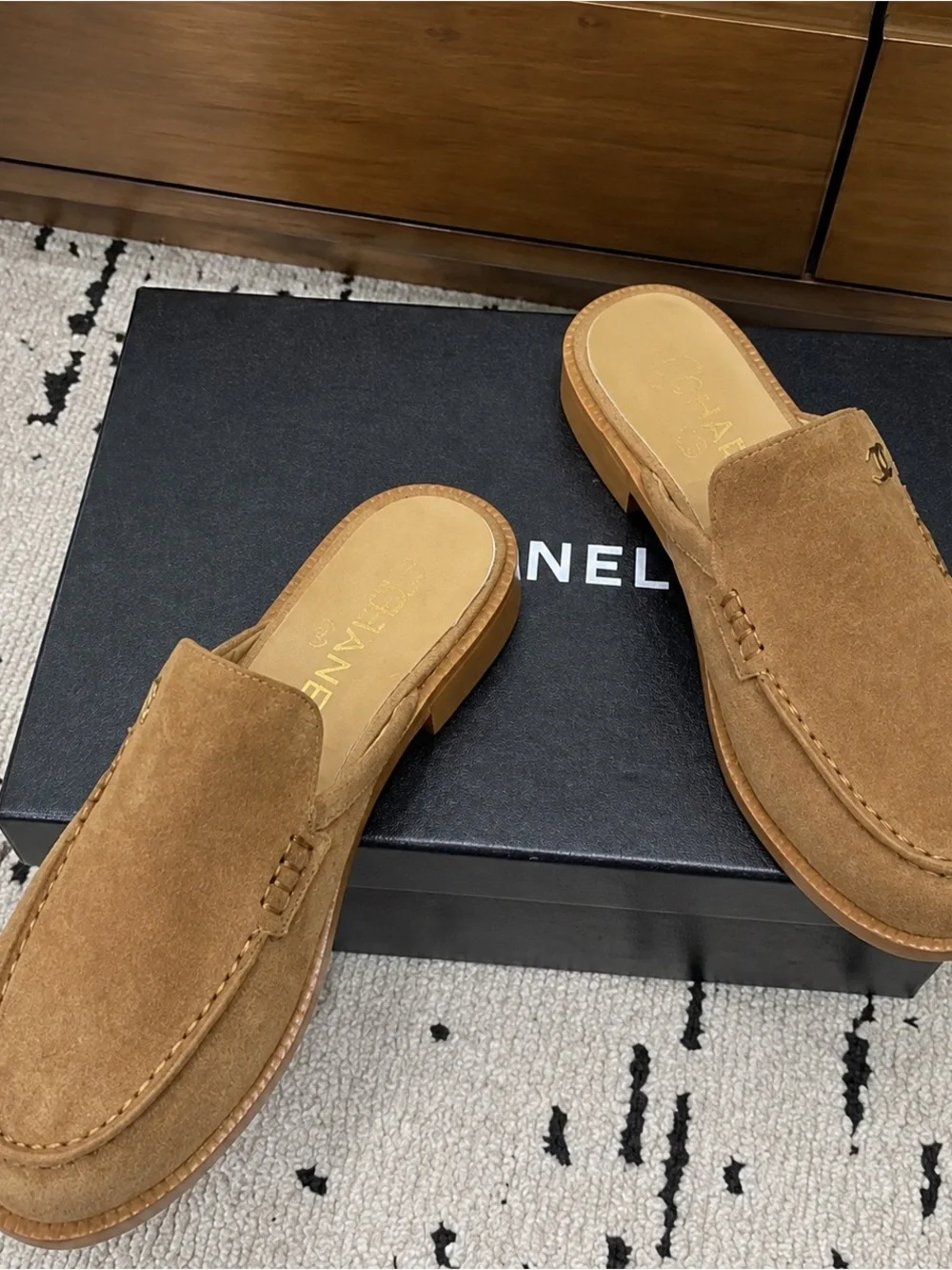 CHANEL Suede Mule Loafers in Tan Brown with CC Hardware
